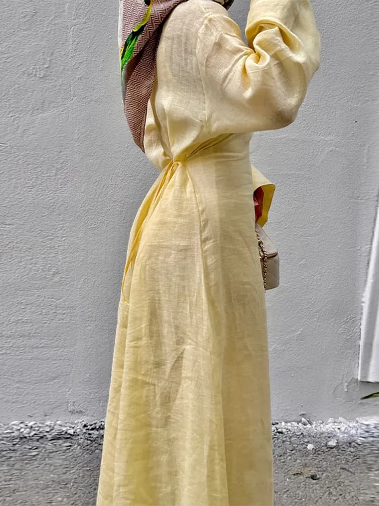 Women' Dresses Elegant O-Neck Cotton Lined Back Lace Up  Flare Sleeve Waist Cinching Long Robes Female Summer Lady Dress
