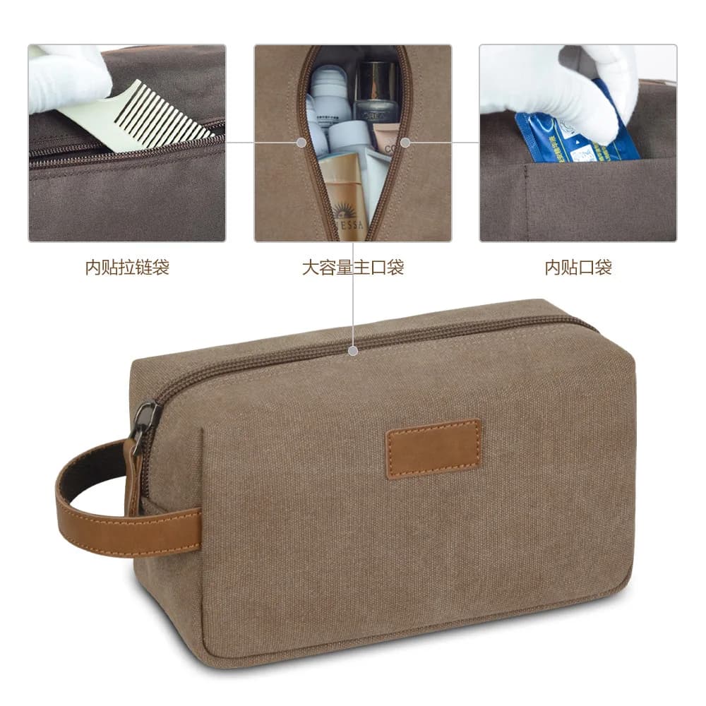 Toiletry bag, travel hand-held waterproof canvas patchwork, crazy horse leather storage, fashionable and retro makeup bag