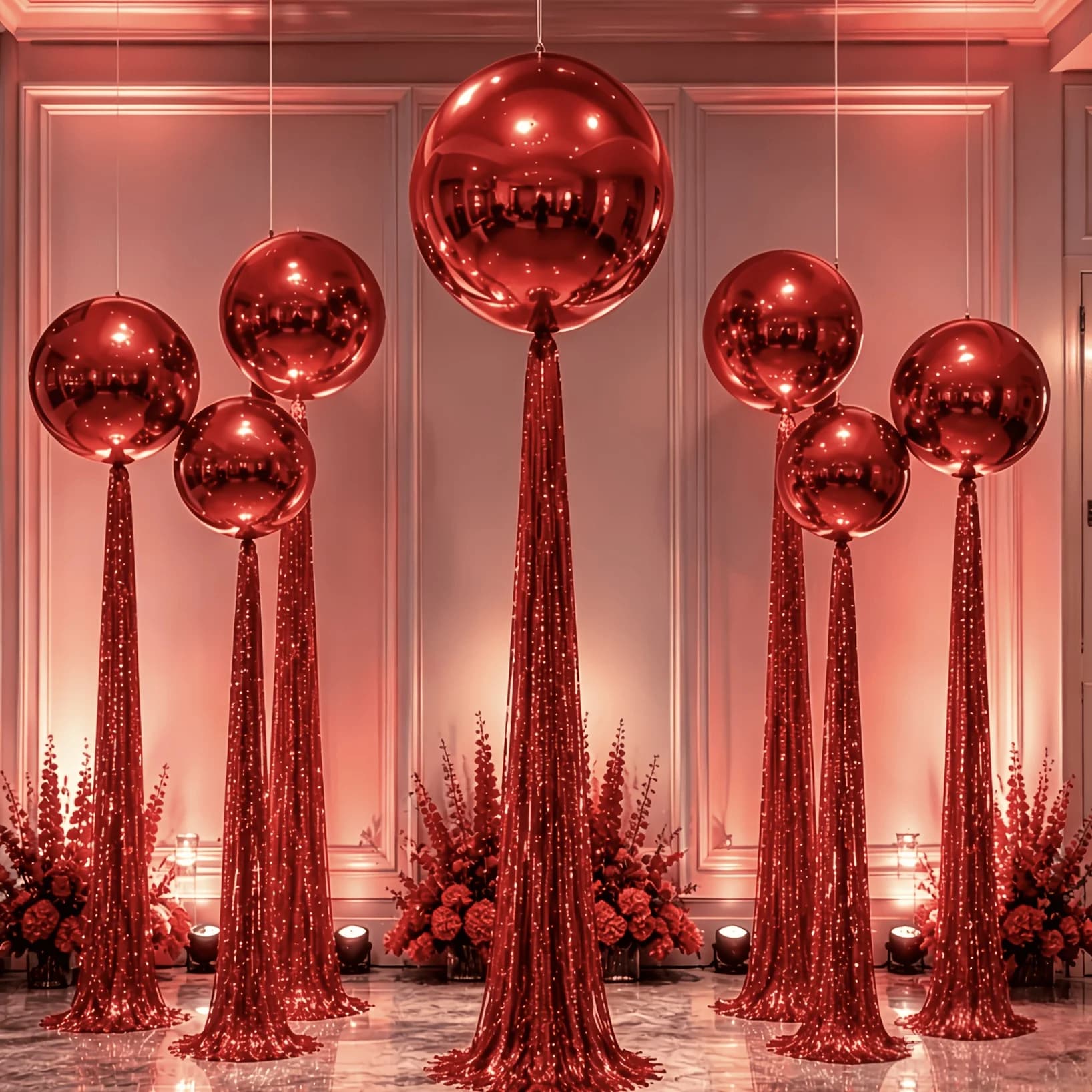 4D Ball Rain Streamer Balloons Red 8-Pack
