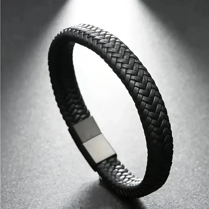 Men's Black Leather Magnetic Wristband