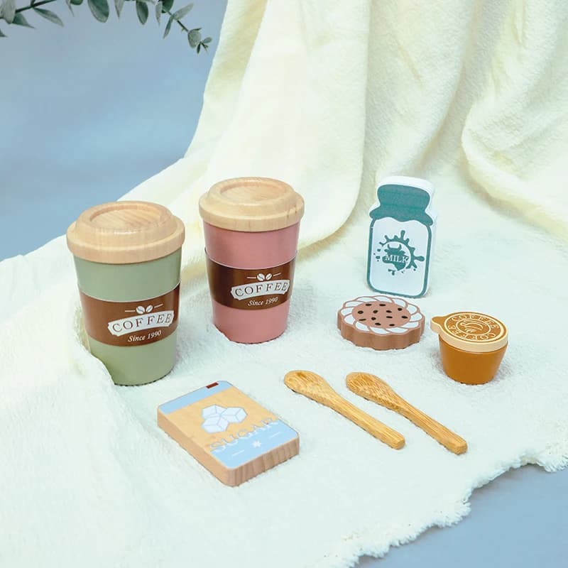 Kids Wooden Coffee Toy Set Toddler Pretend Play Kitchen Accessories Gift for Children House Play Early Educational Toys for Kids