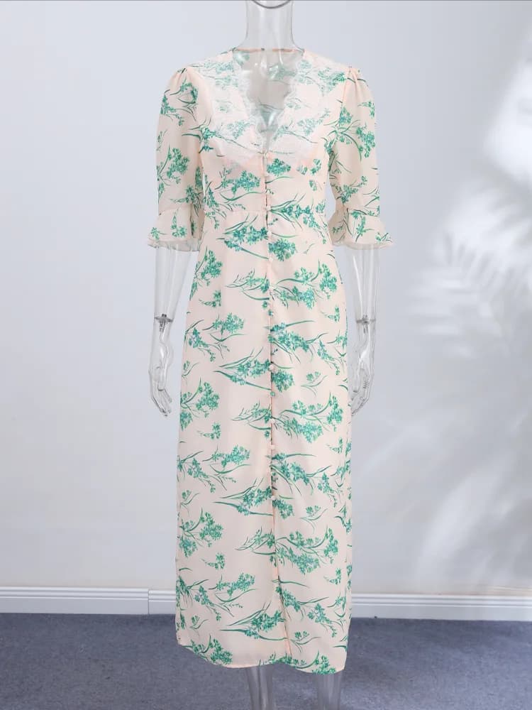 Print Dress Women's Floral Dresses Deep V-Neck Puff Sleeves Waist Button Elegant Linen Blend Maxi Dress Woman Clothes Daily Wear