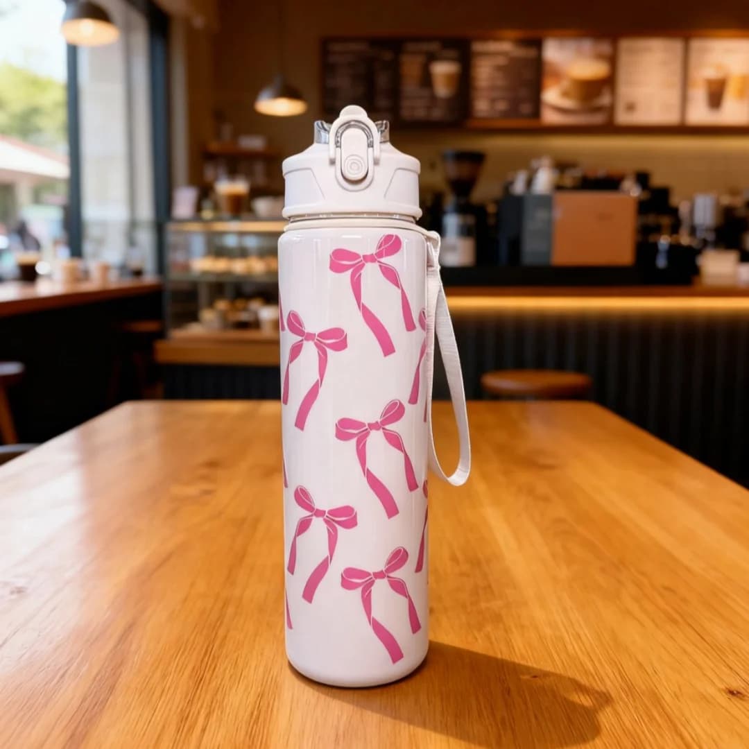 Cute Bow & Flower Water Bottle, Premium Texture Minimalist Design, Large Capacity, Lightweight and Leakproof with Portable