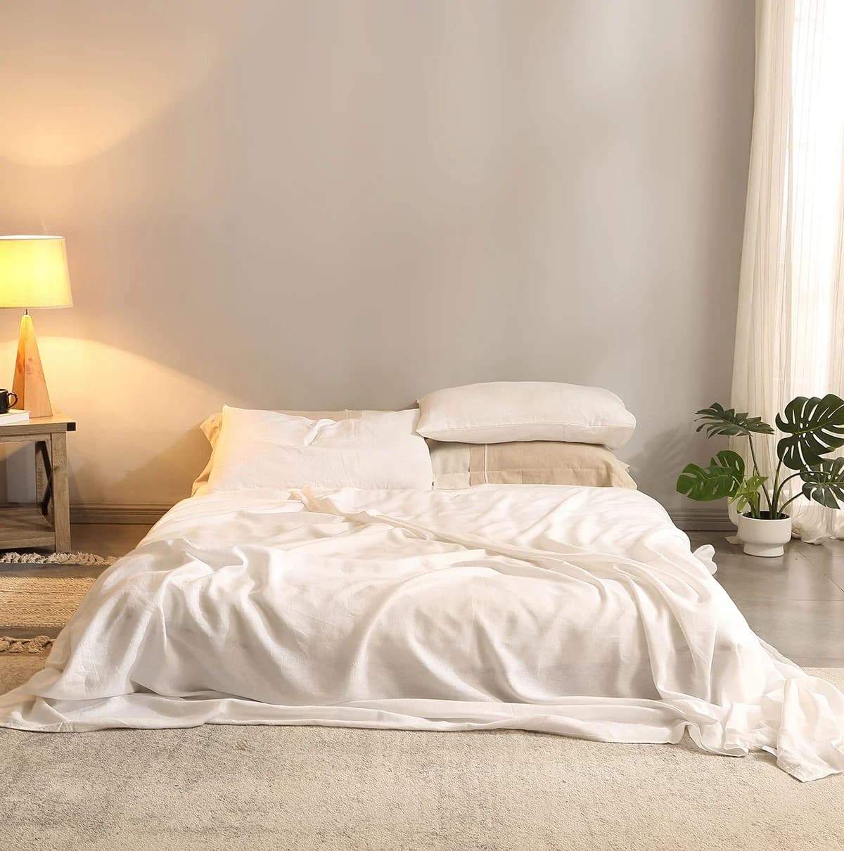 Bed Sheet Set 4 Piece 100% Pure Linen Bedding 1 Flat Sheet 1 Deep Pocket Fitted Sheet 2 Pillowcases Flax Sheets Set Bedding Set