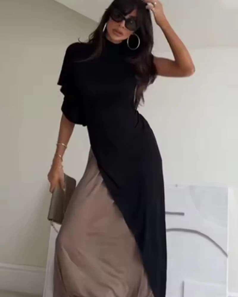 Women's Dress 2026 New Fashion Spring Summer Black Asymmetric Ruffle Dress for Women Casual Chic Personality Top