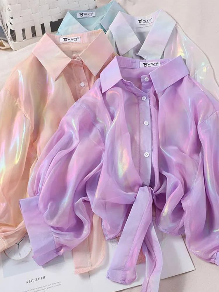 Women's Half-Sleeve Sparkle Blouse with Tied Waist