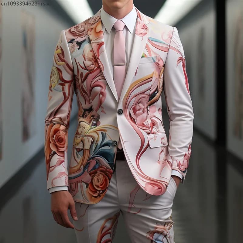 Men's Rose Flower Digital Print Suit Jacket and Trousers
