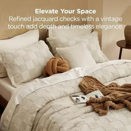 California King Size Comforter Set Beige, Boho Tufted Bed Set, Checkered Farmhouse-Style Distressed Vintage Bedding, 3
