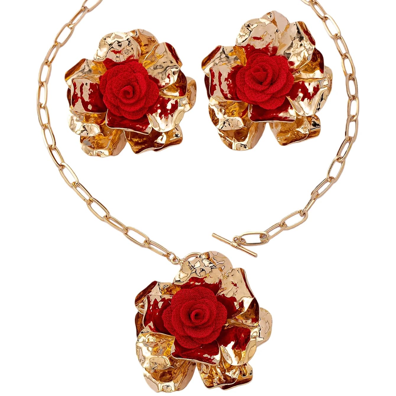 Women's Jewelry Set with Three-Dimensional Floral Fabric and Red Flower Centers, Exaggerated Jewelry Set Suitable for Daily Wear and Vacation