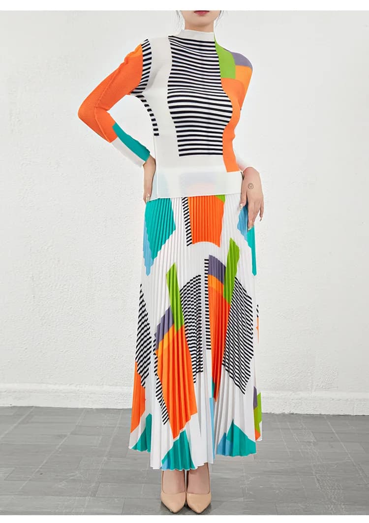 Women's Spring and Autumn Fashion Two-Piece Set: High-Neck Printed Slim-Fit Long-Sleeve T-Shirt and Skirt