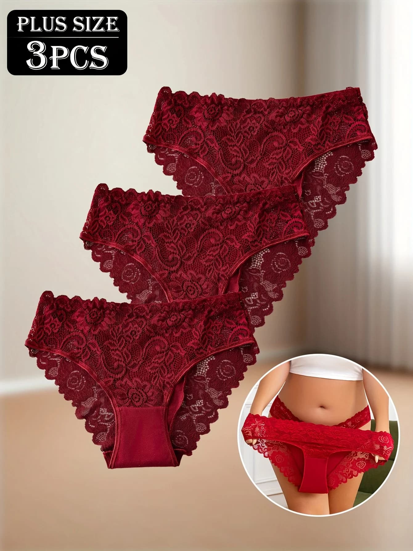 Plus-Size Lace Trim Underwear 3-Pack