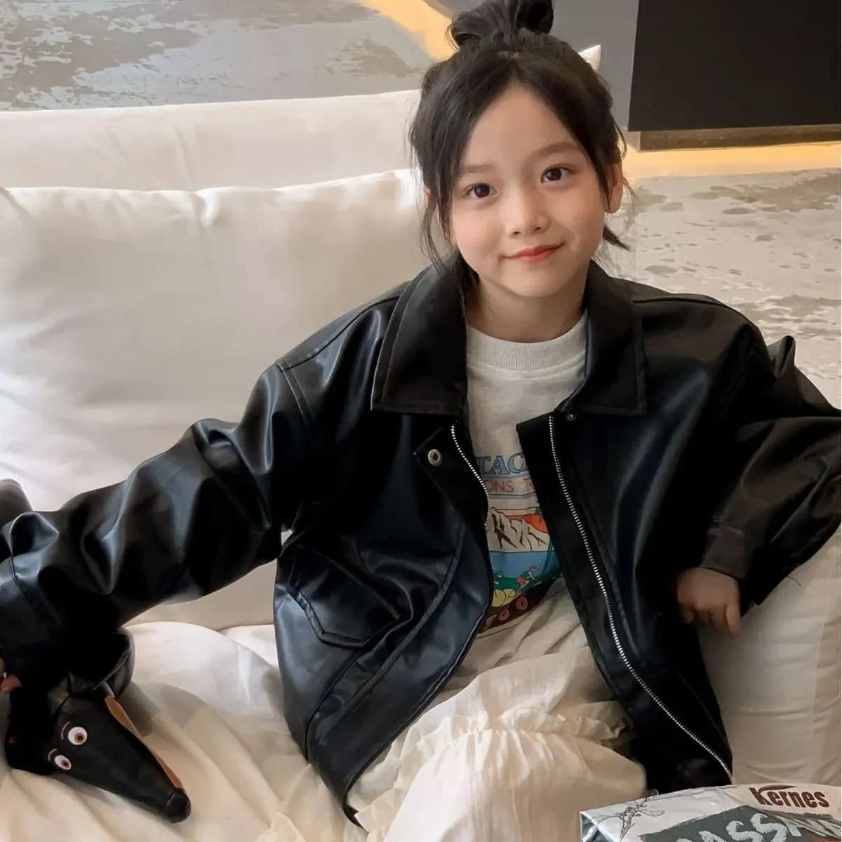 Girls Retro Black Leather Jacket