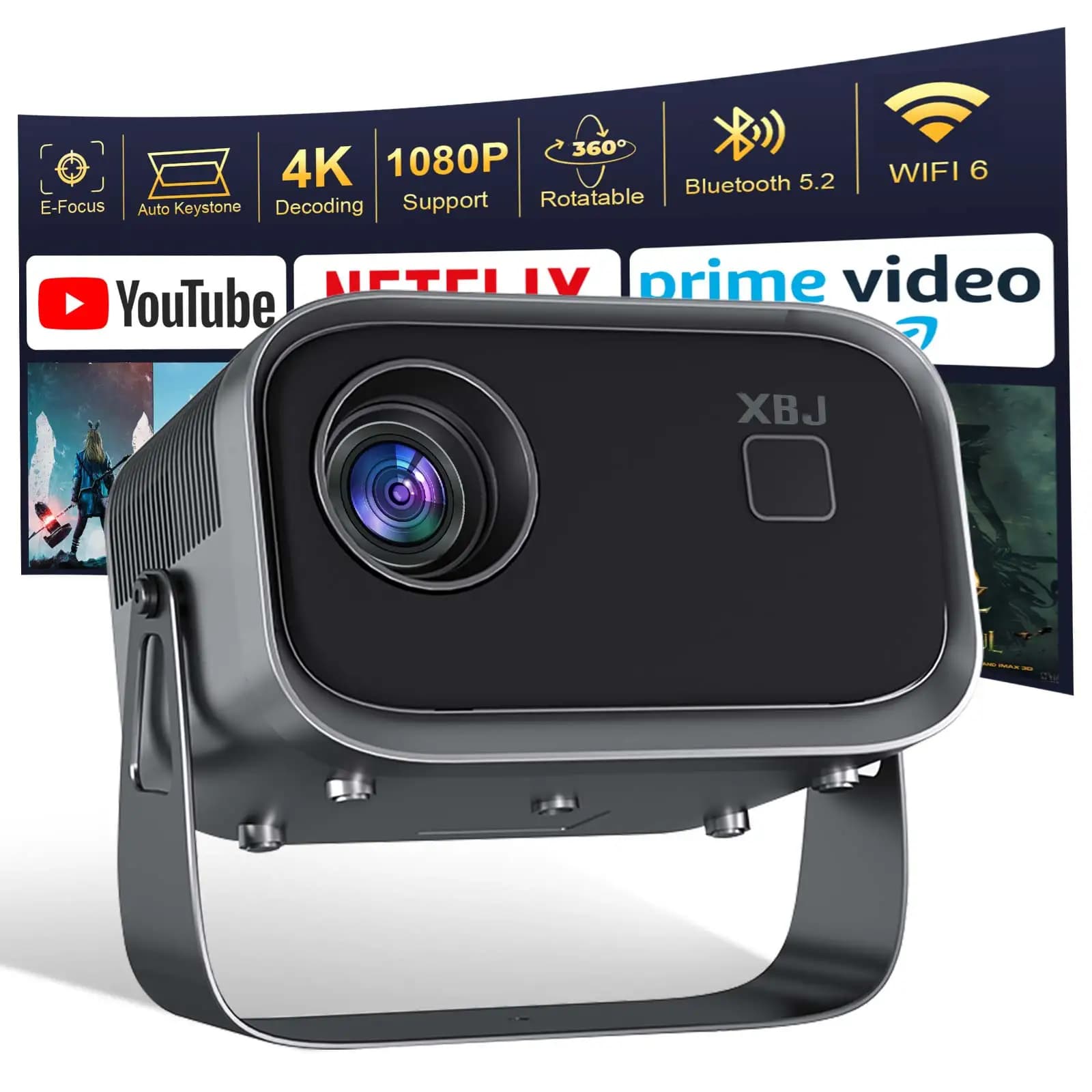 Mini 4K Projector Wall Projector, Portable Outdoor Movie Projector with Built-in Wi-Fi, Speaker & Digital Keystone, HDMI/BT,