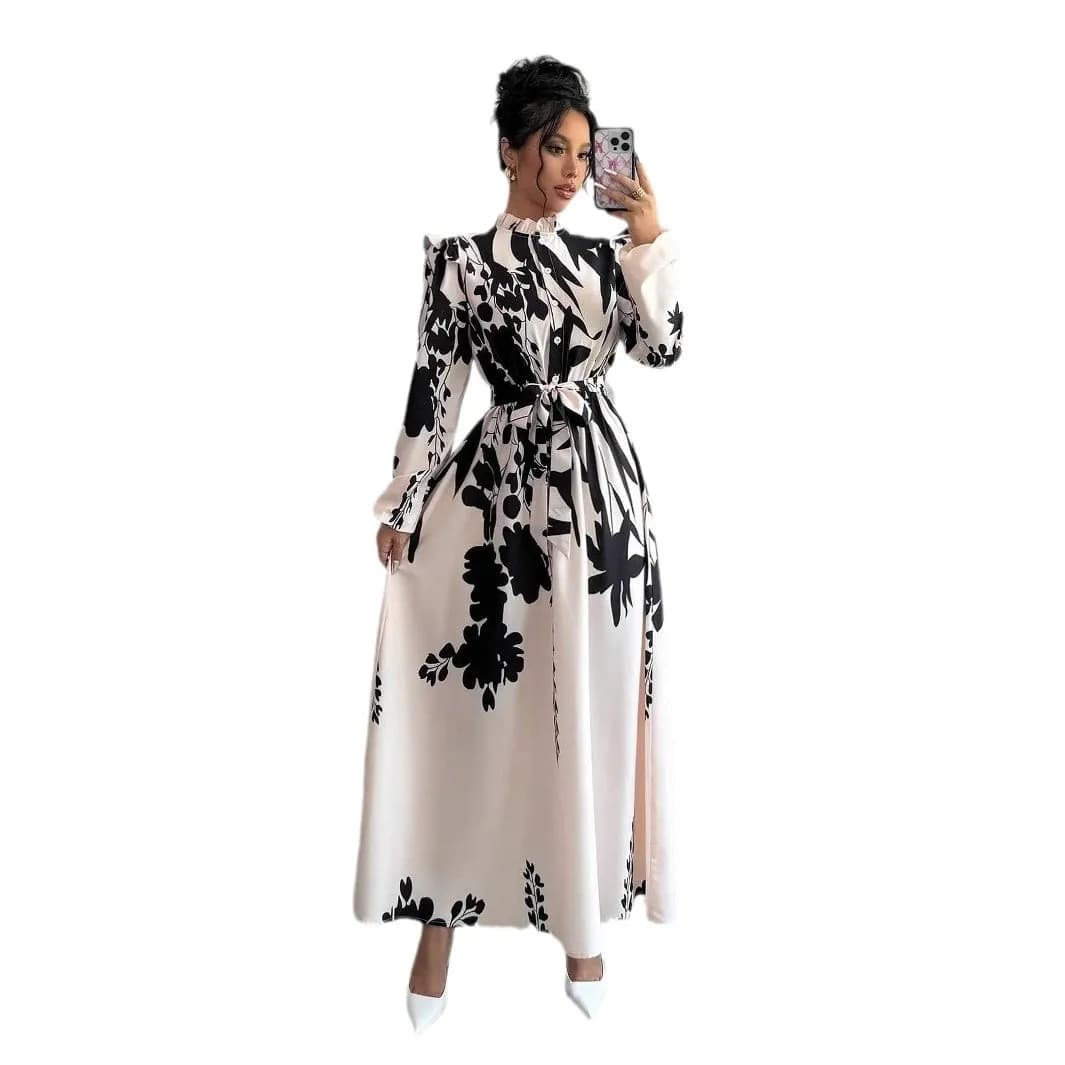 Black and White Floral Long Sleeve Ruffled A-Line Dress