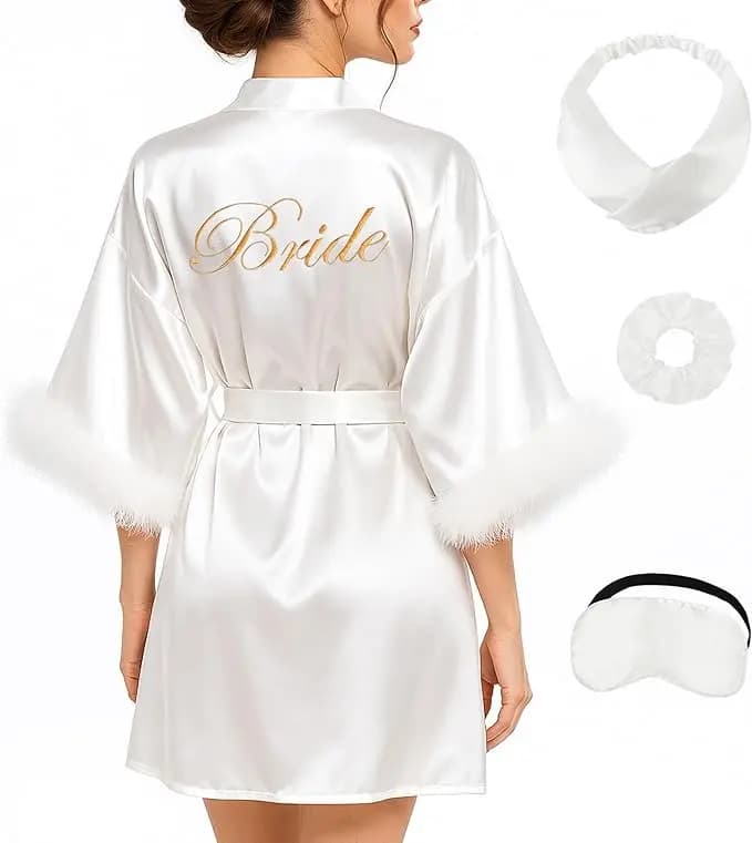 Bride Satin Kimono Robe with Feather Sleeves