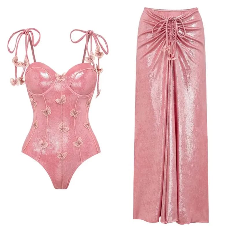 Women's Ruffle Print Bikini Bodysuit With Skirt
