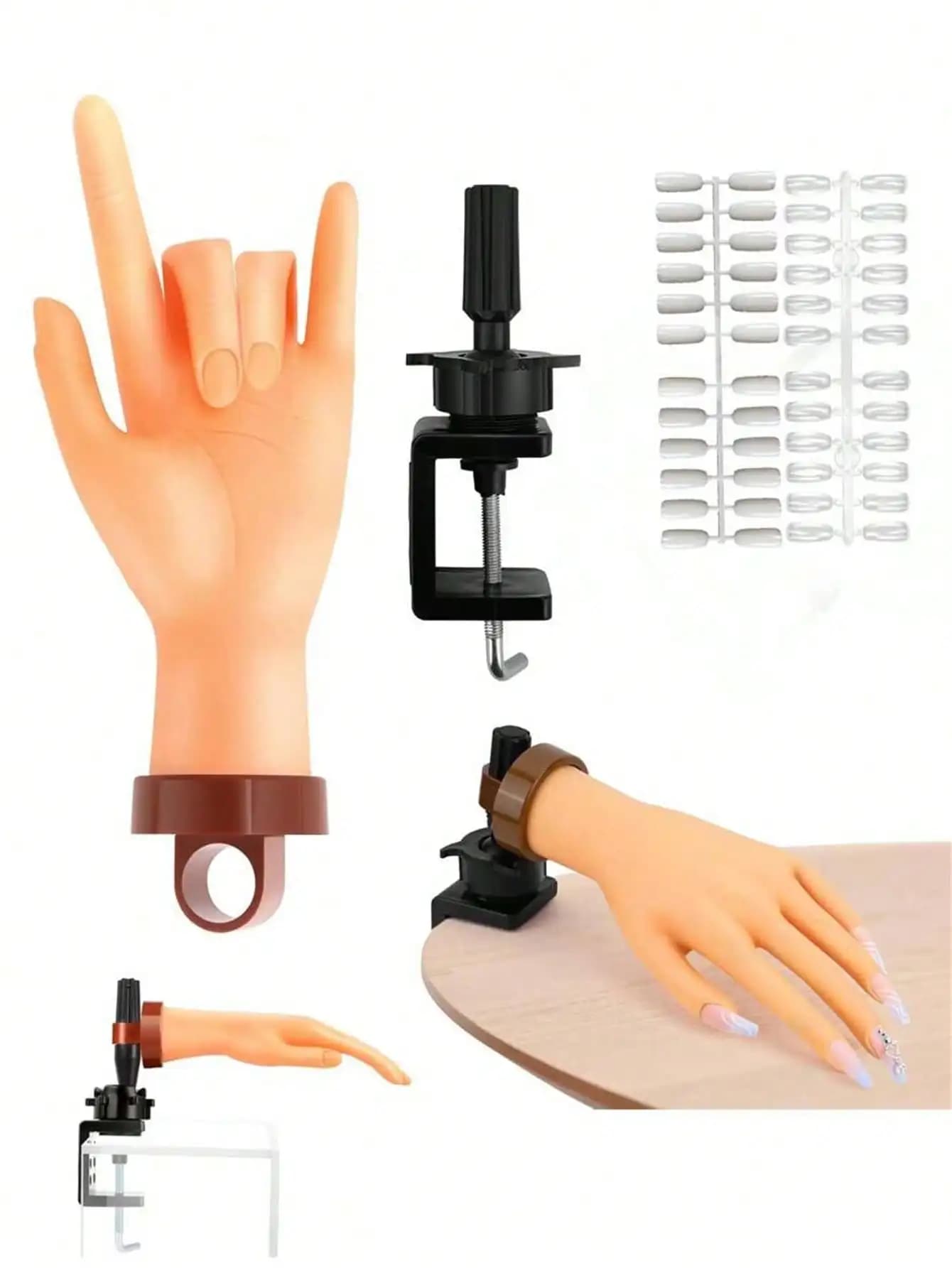 Nail art beginners practice fake hand models with insertable nail plates, bendable fingers, display racks, rubber hands