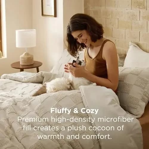 California King Size Comforter Set Beige, Boho Tufted Bed Set, Checkered Farmhouse-Style Distressed Vintage Bedding, 3