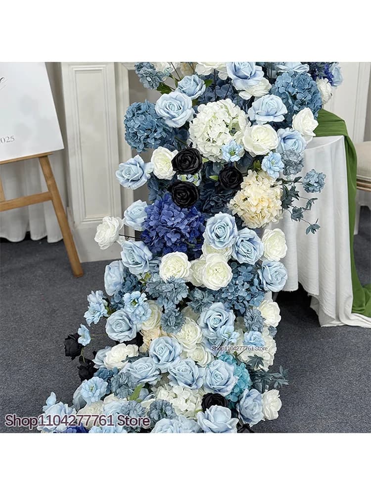 Wedding Decor Artificial Flower Row Arrangement Navy Blue/Light Blue/black Table Runner Flower Party Event Backdrop Wall Layout