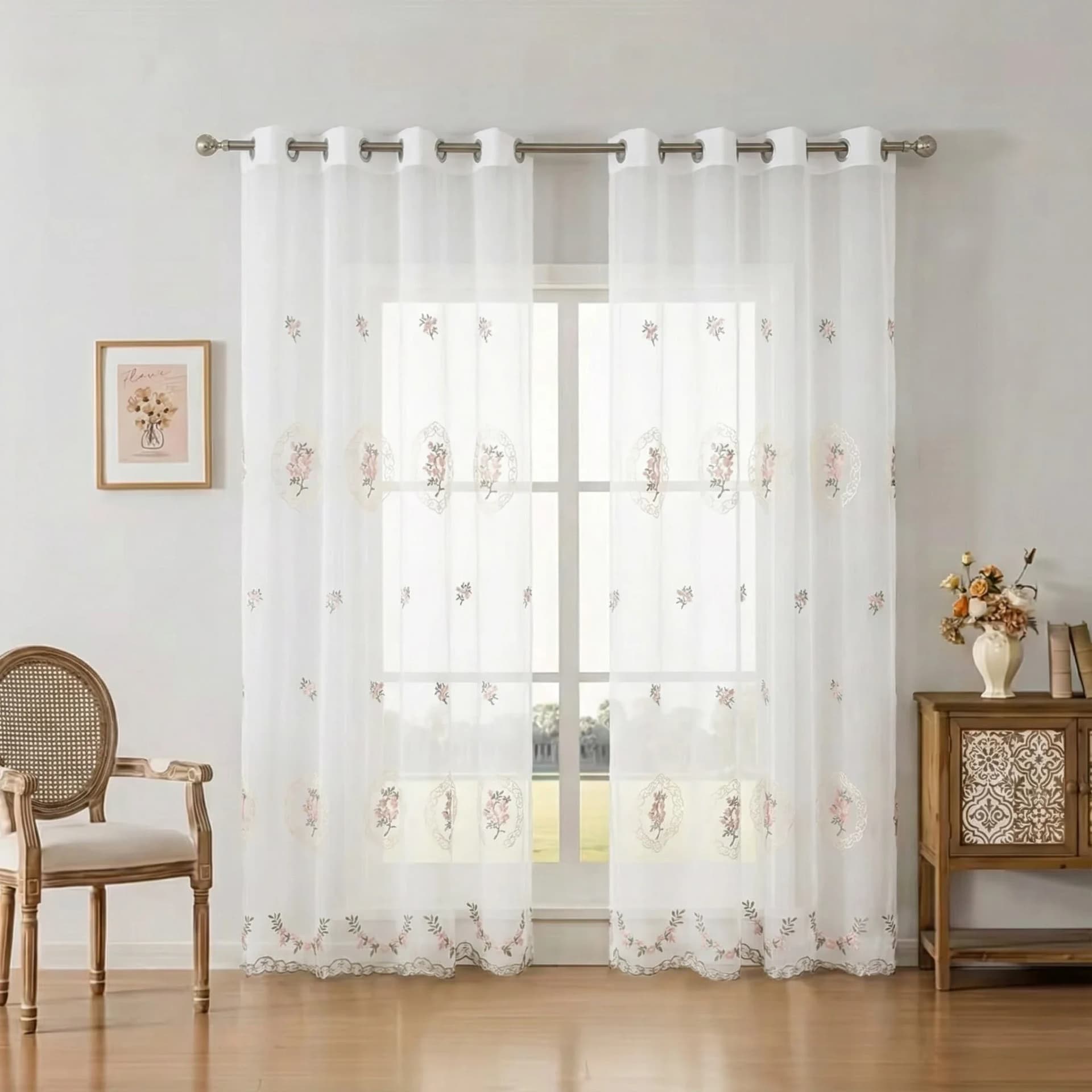 Floral Embroidery Sheer Curtain Panel