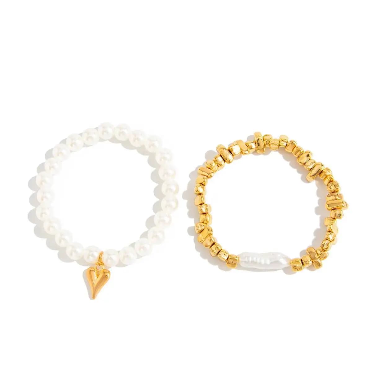 Imitation Pearl Elastic Bracelet Set with Heart Pendant