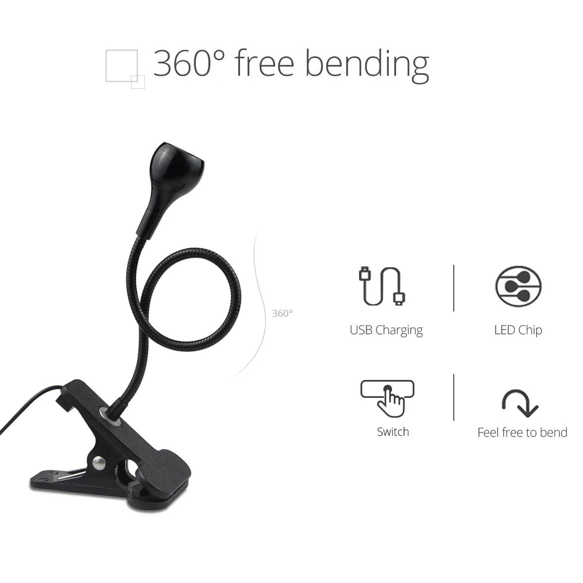 USB Clip Reading Lamp with Flexible Gooseneck