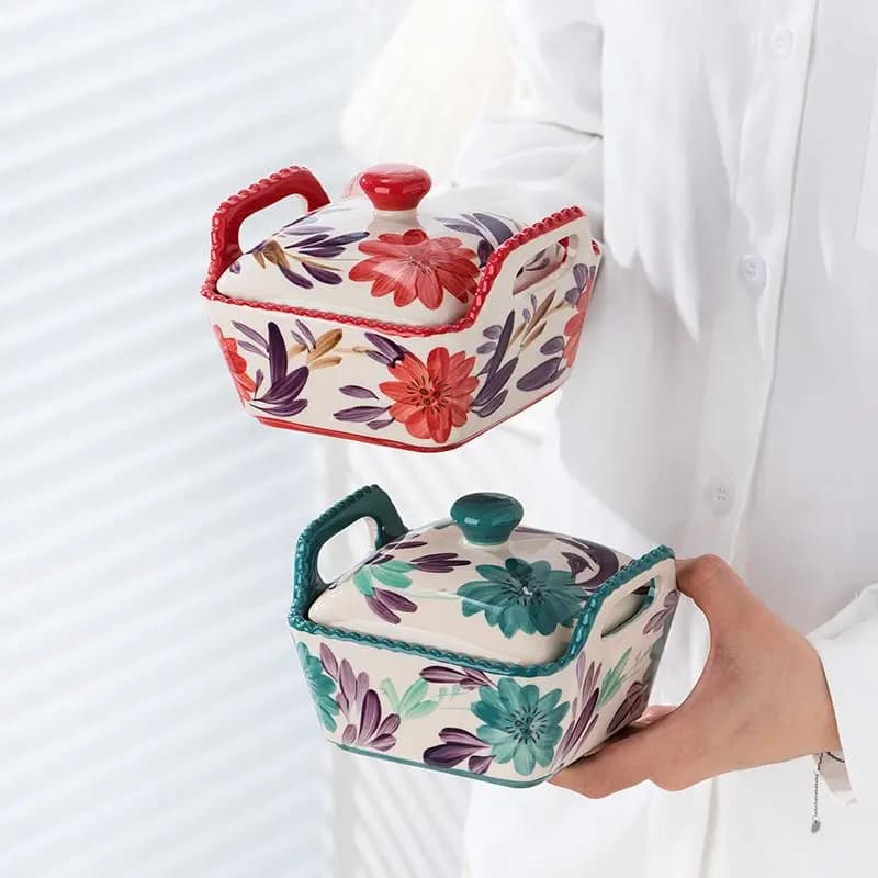 Hand-Painted Ceramic Covered Bowl with Lid