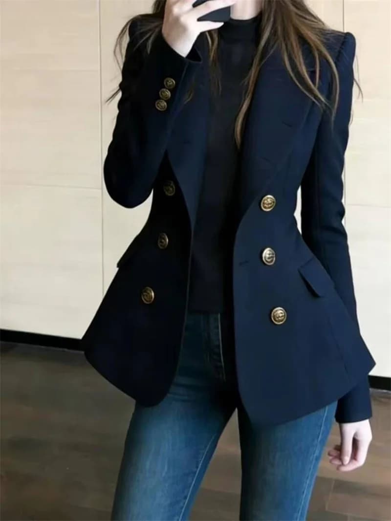 Navy Blue Double-Row Slim Fit Blazer