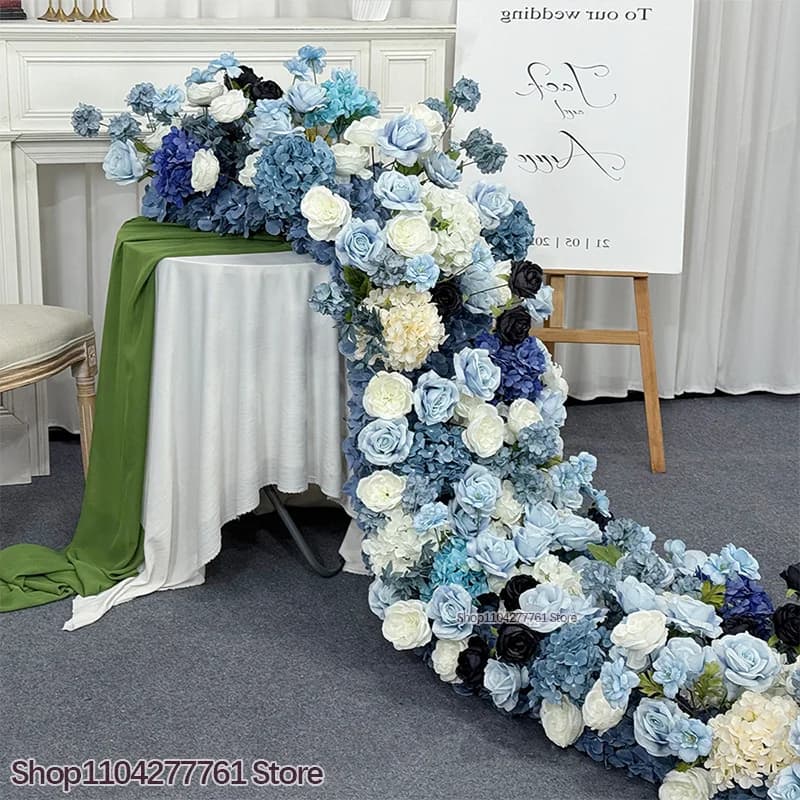 Wedding Decor Artificial Flower Row Arrangement Navy Blue/Light Blue/black Table Runner Flower Party Event Backdrop Wall Layout
