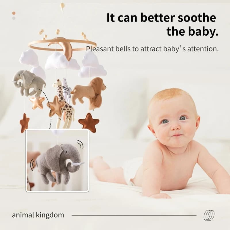 Wooden Crib Mobile with Music Box and Soft Felt Animals