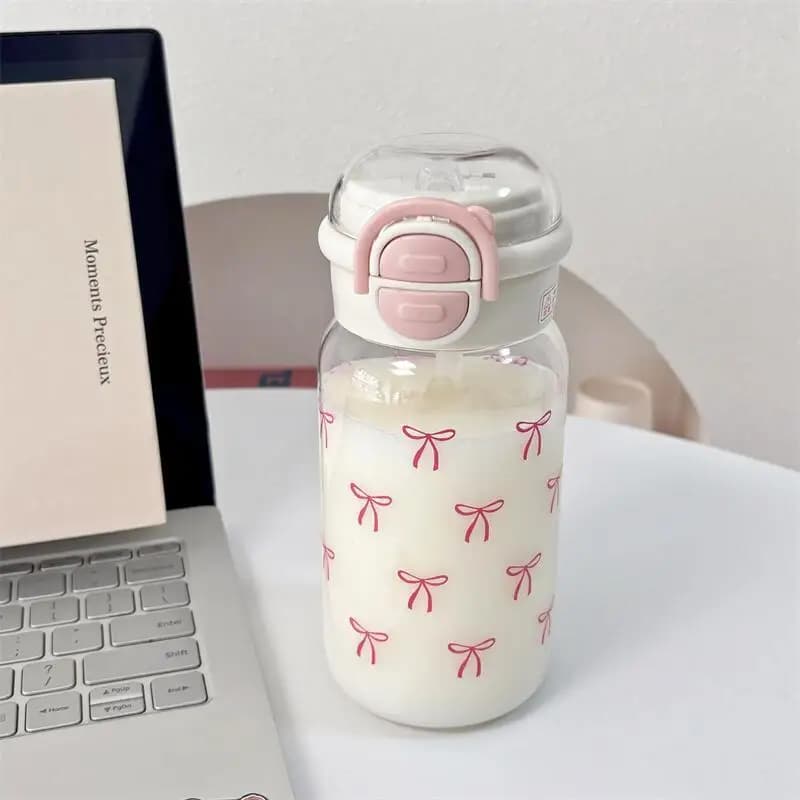 Cute Water Bottle with Straw Portable Plastic Pop-Up Cover Water Cup Kawaii Bottle Water Leak-Proof Drinking Bottle