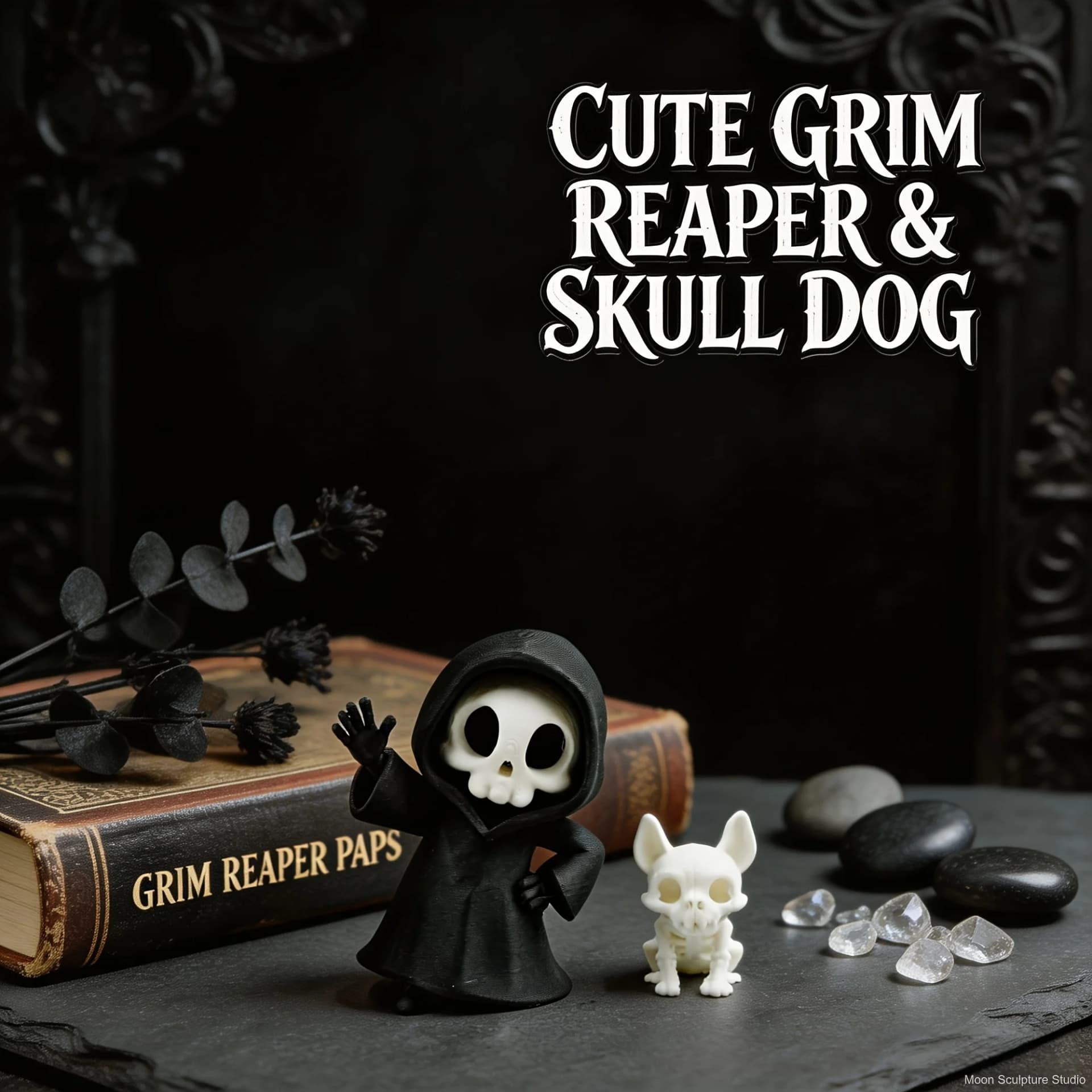 Gothic Grim Reaper and Skeleton Pet Collectible Figures