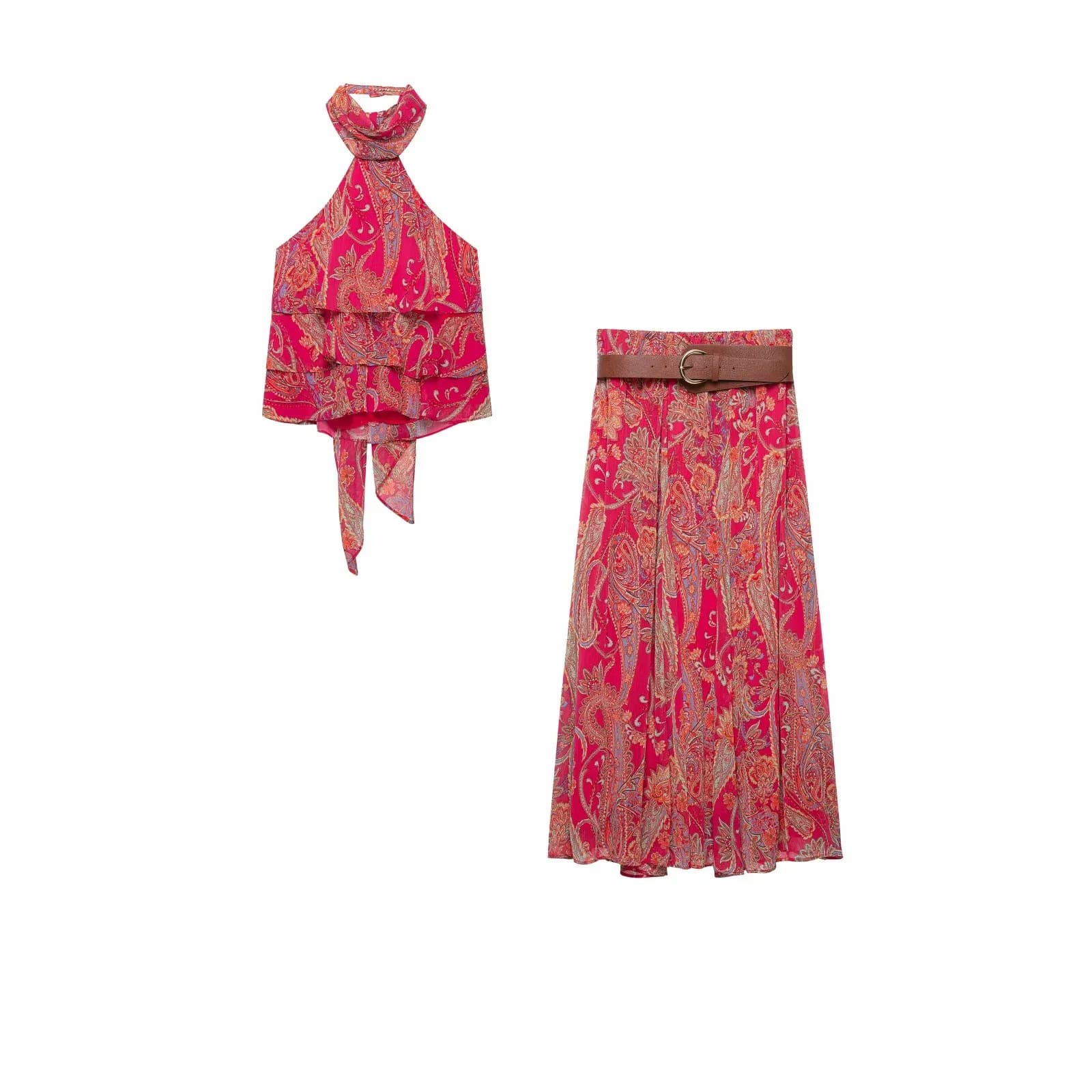 Women Vintage Fashion 2026 Autumn Red Print Suit Women Sexy Vest+ Sashes Draped Long Skirt Chic Bohemian Female Beach Sets