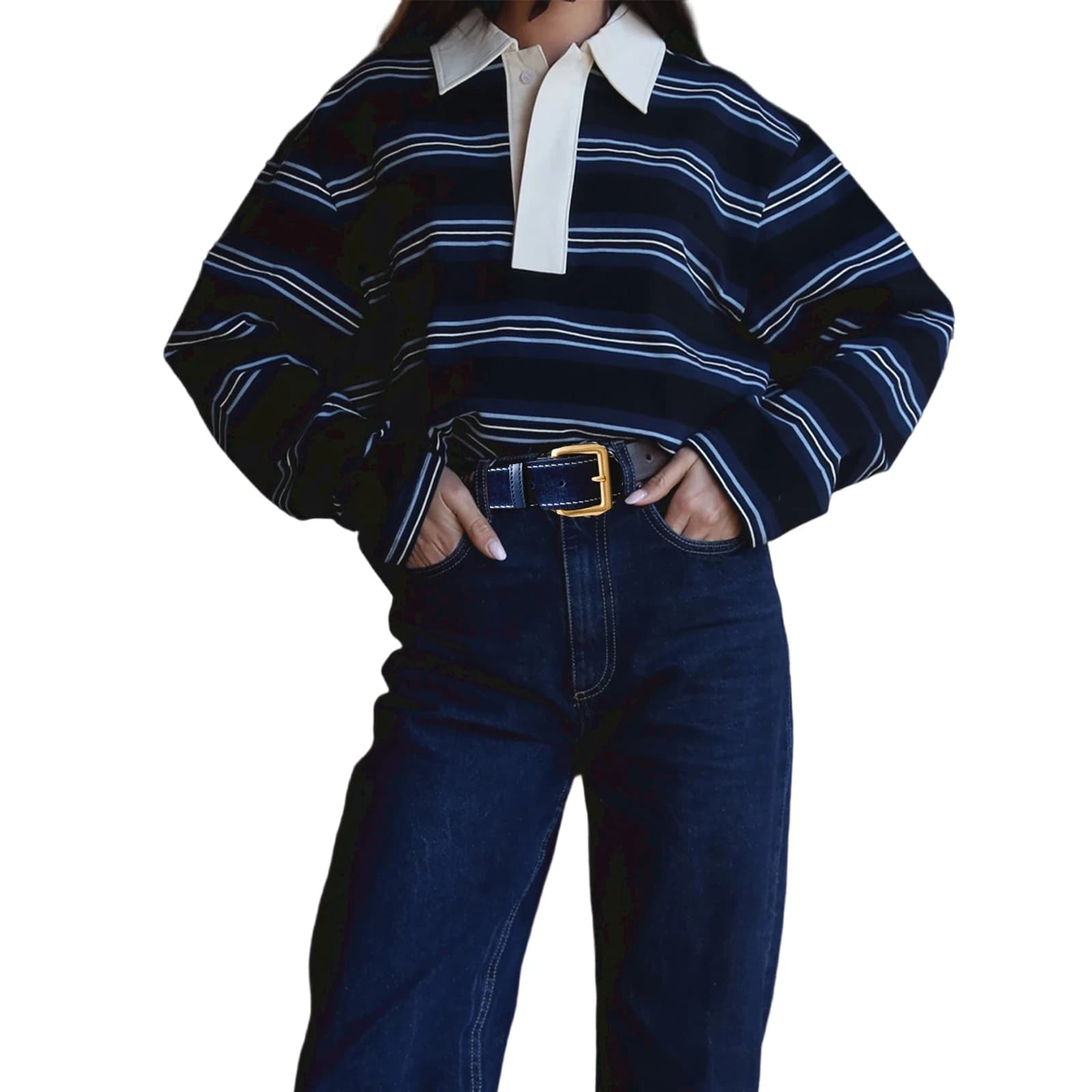 Women's Spring Fall Fashionable  Striped Print Collared Tops Casual Long Sleeve Loose Fit Lapel T-shirts