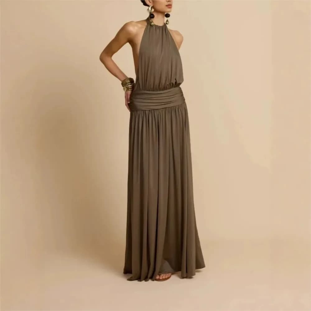 Elegant Halter Pleated Neck Evening Dress