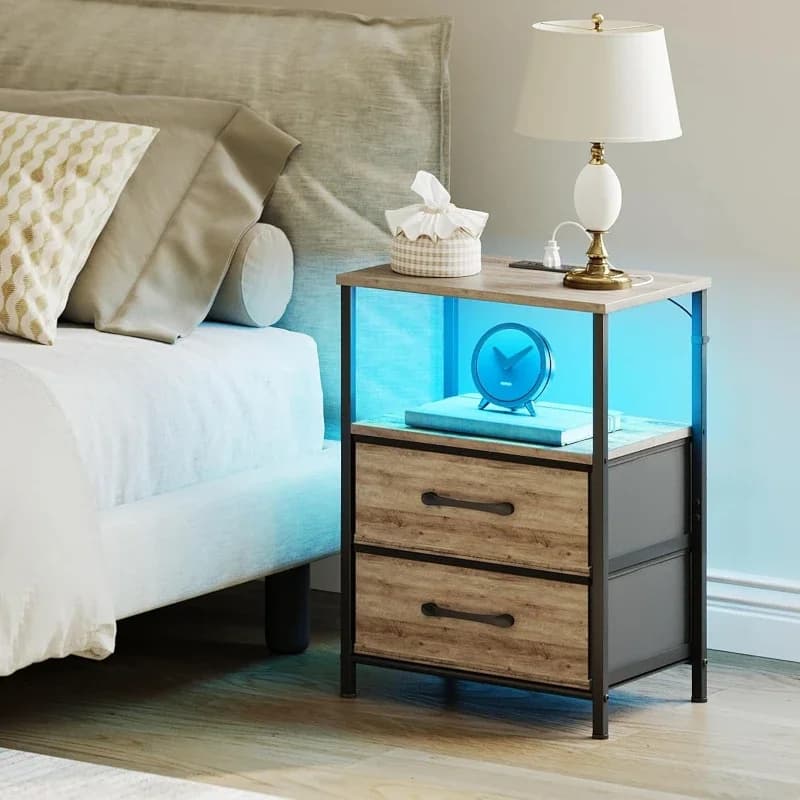 Nightstands Set Charging Station Cool Lights Bedside Table Fabric Drawers Bedroom Small Side End Table With Open Shelf Greige
