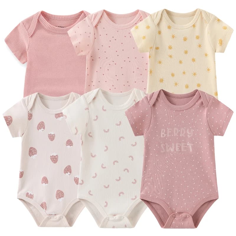 Newborn Bodysuits Cotton Cartoon Baby Girl Clothes Set 6Pieces Short Sleeve Baby Boy Clothes Summer Solid Color Bebes