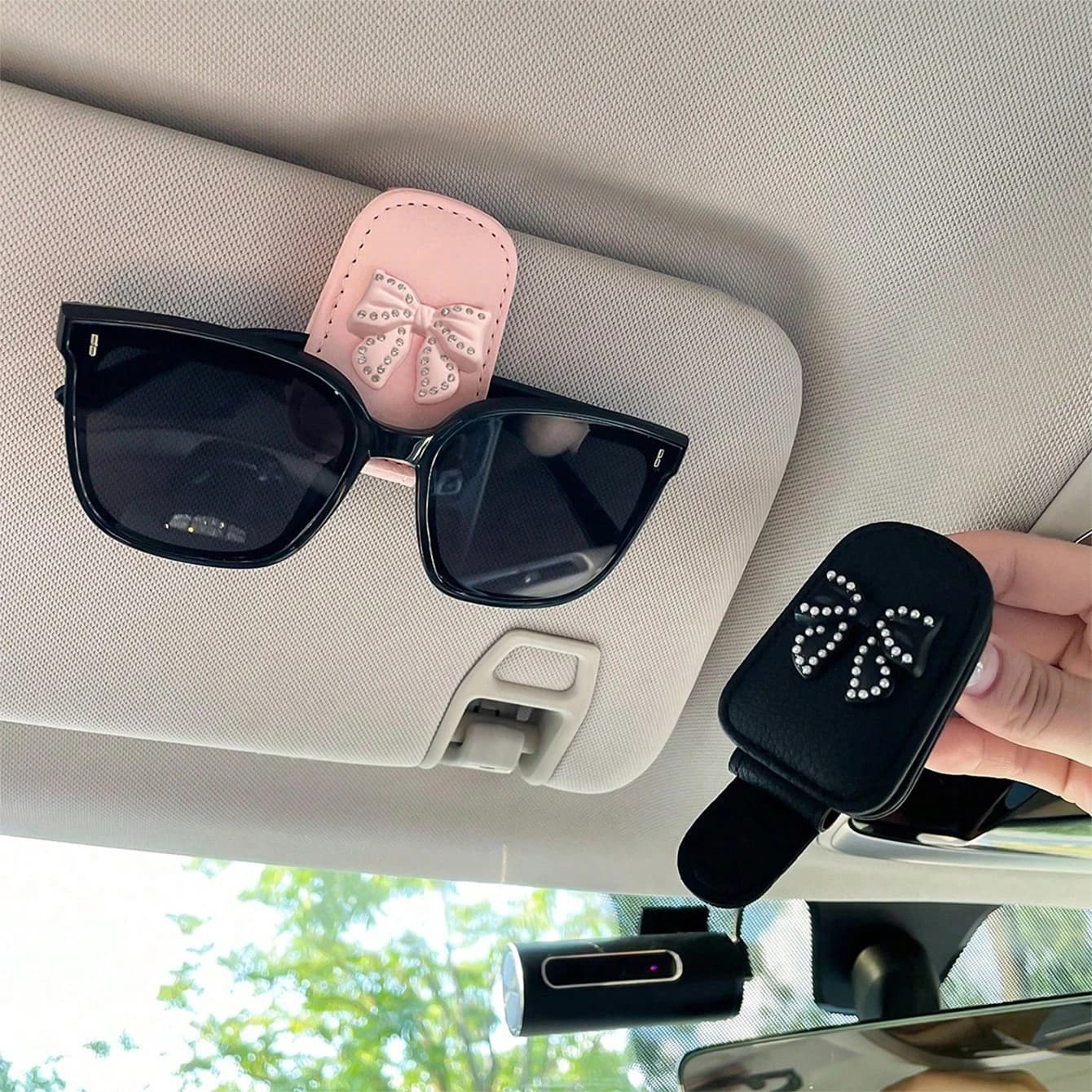 Car sun visor, glasses clip, bow tie with rhinestones, cute pink interior, sunglasses storage rack, car accessories