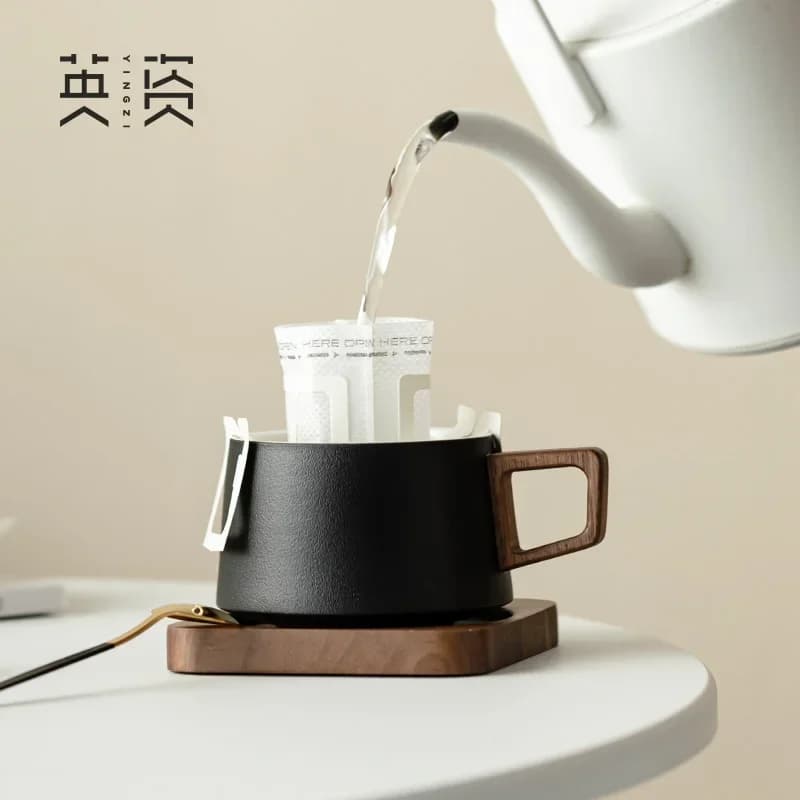 Ceramic Coffee Cup with Wood Coaster Set