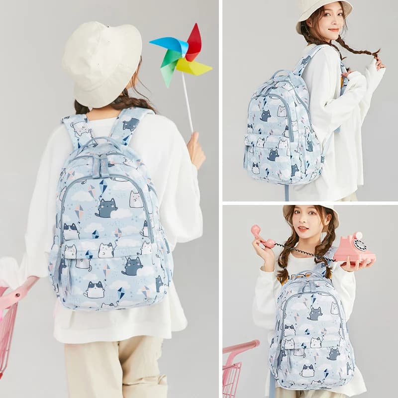 Cute Cat Print School Backpack for Girls
