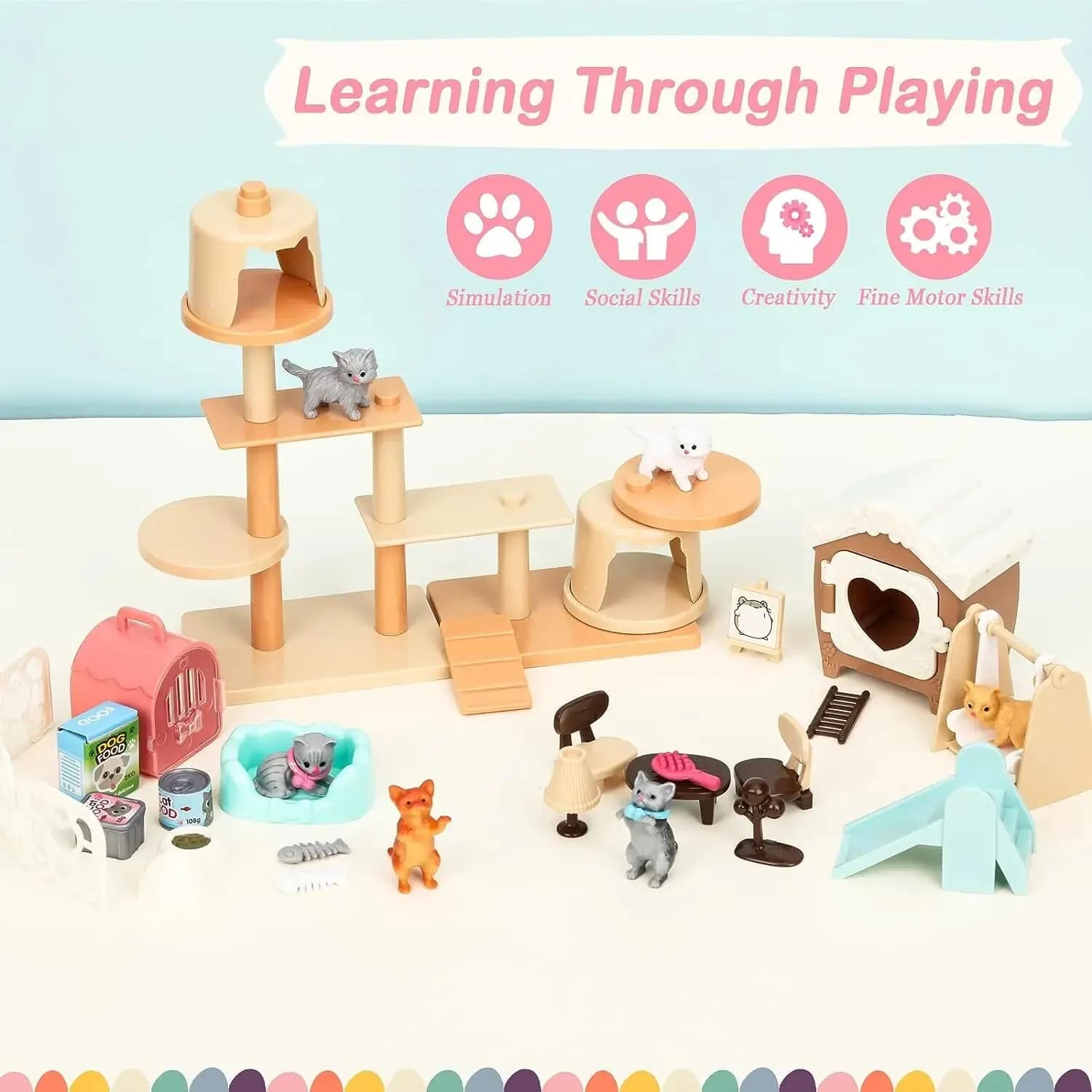 Cat Toys Pretend Play Cat Figures Playset Toy Interactive Kitten Role Play Set Realistic Cats Care Center For Girls Boys Birthda