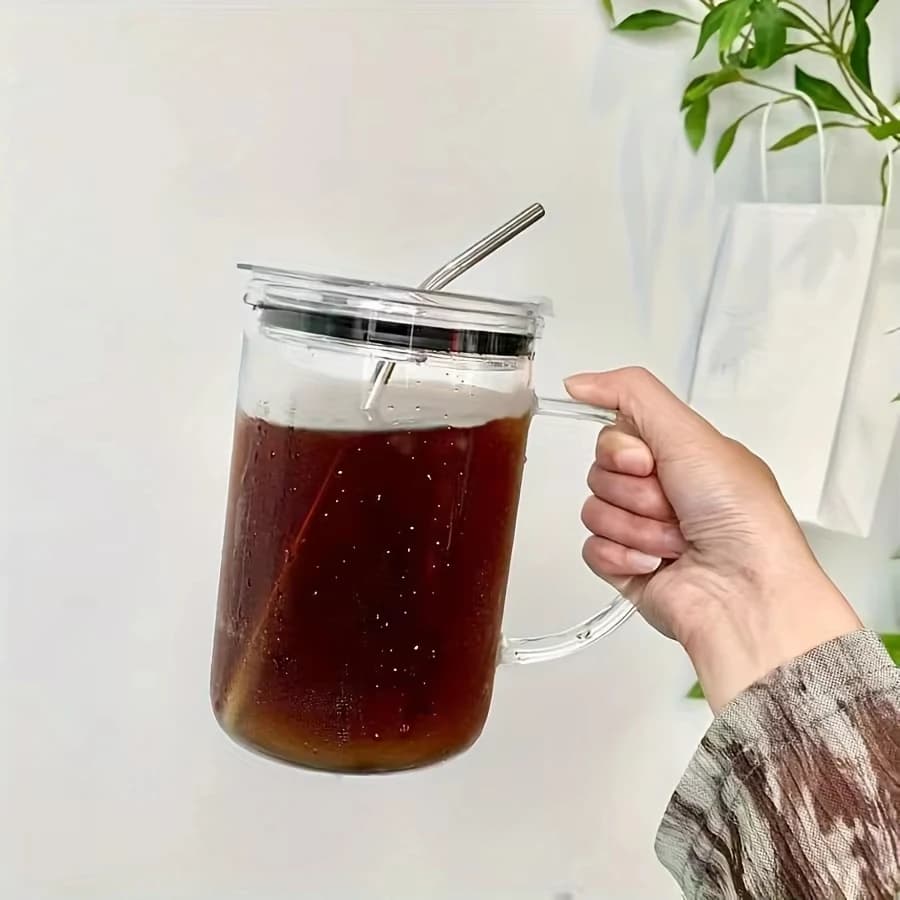 Large Glass Water Cup with Lid and Straw