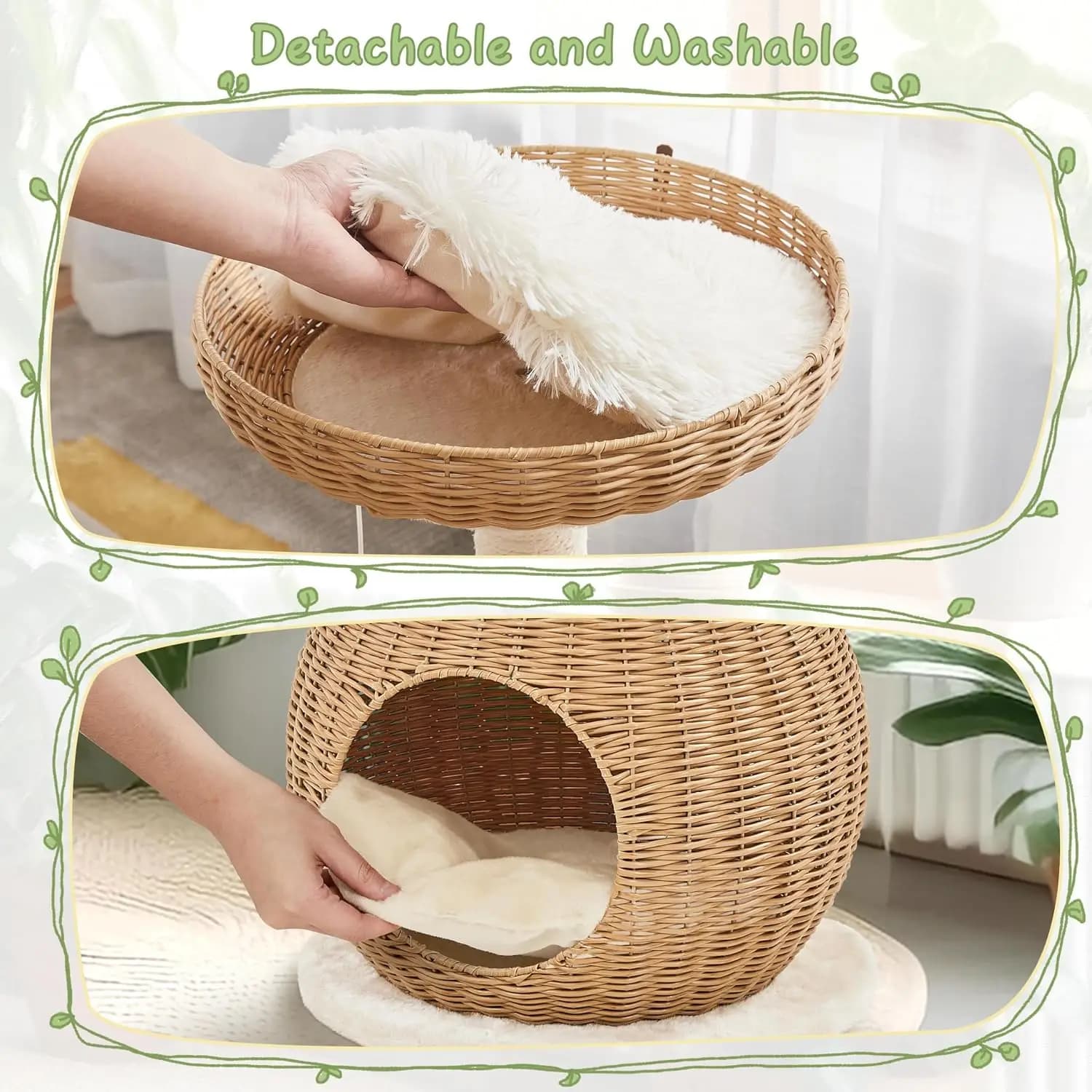 Small Boho Cat Tree with Rattan Perch