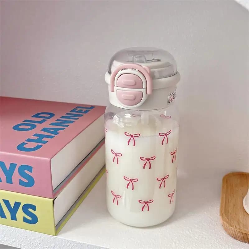Cute Water Bottle with Straw Portable Plastic Pop-Up Cover Water Cup Kawaii Bottle Water Leak-Proof Drinking Bottle
