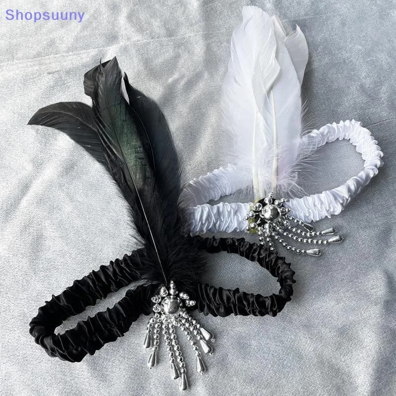 Women's Black Beaded Feather Headband