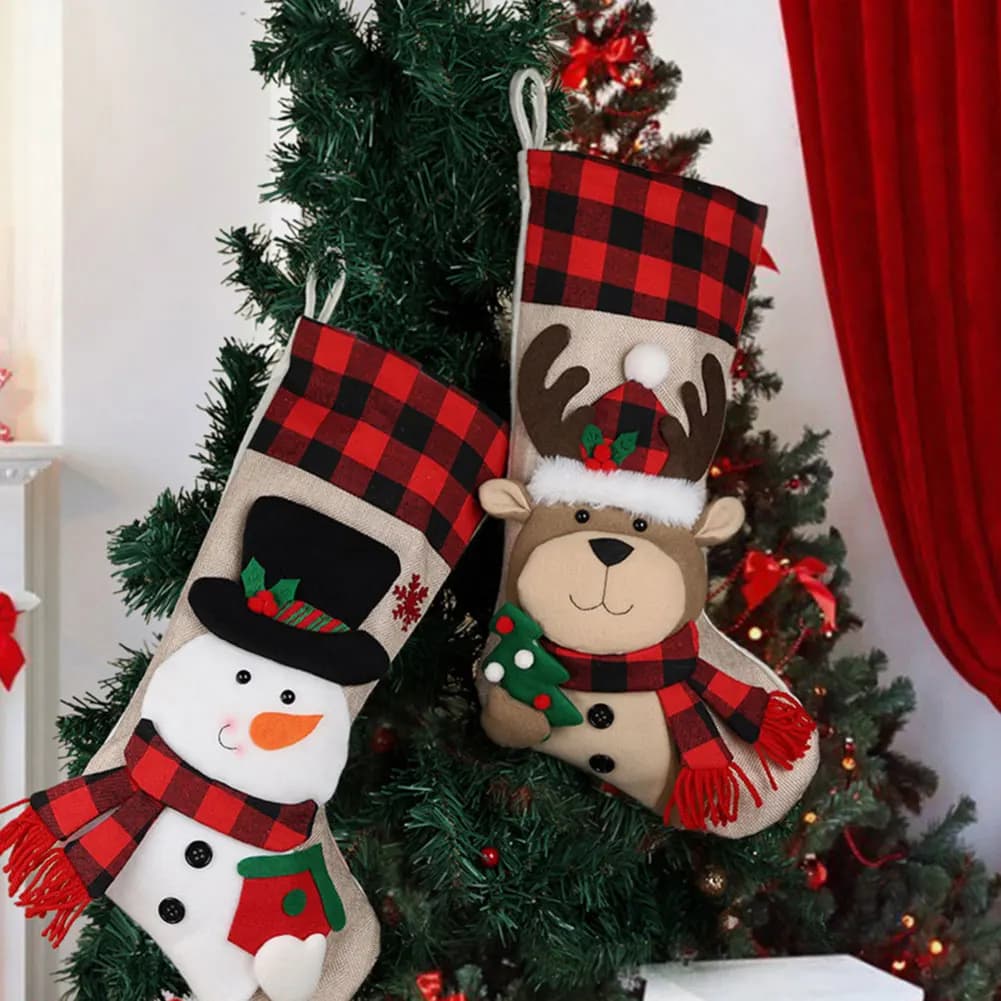 Christmas Stocking 19 Inch Plaid with 3D Plush Characters