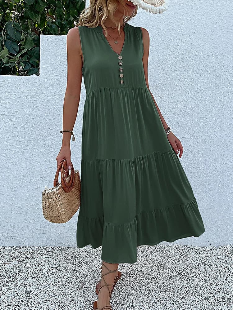 Casual Summer Midi Dress Sleeveless V-Neck
