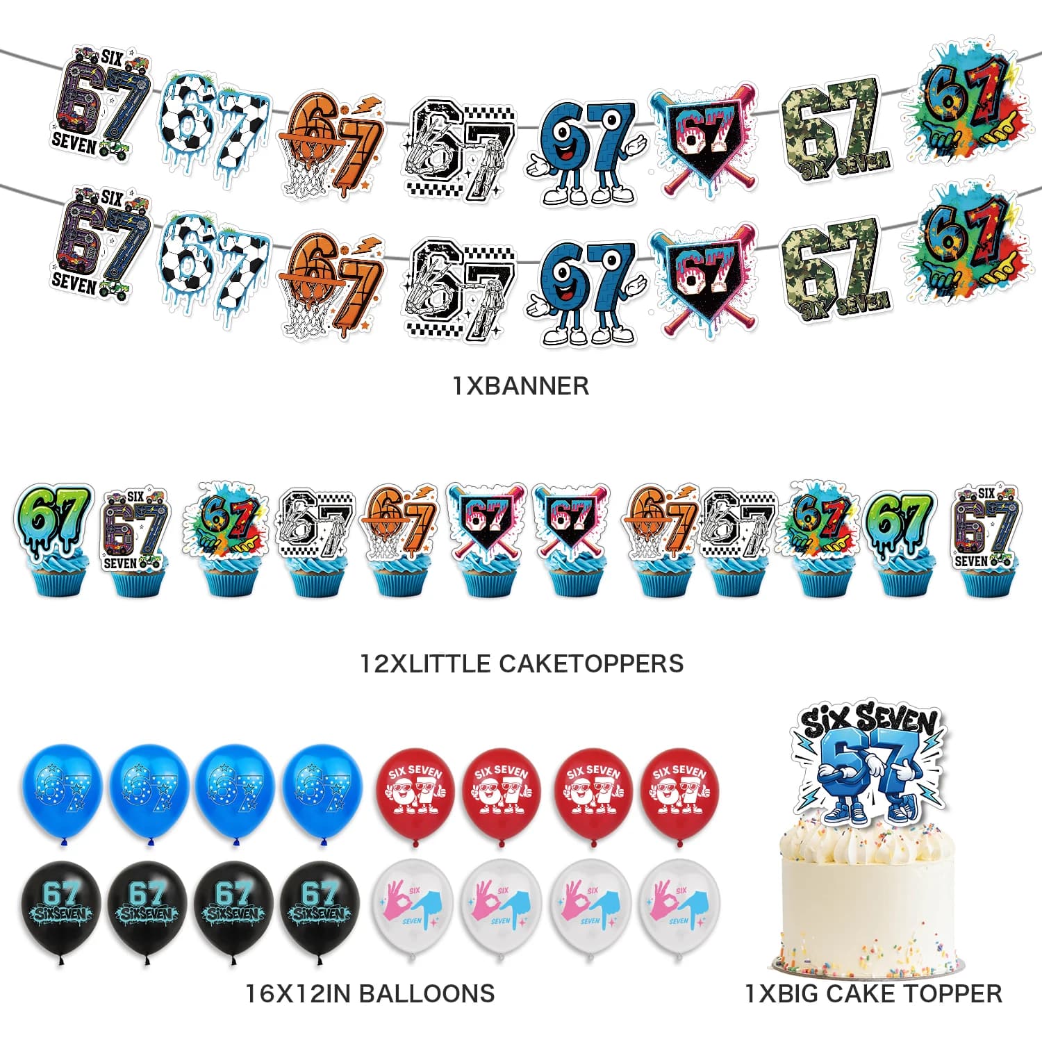 Funny 67 Six Seven Party Decorations, 67 MemeThemed Party  Decorations Set Includes Banner, Cake Topper, Cupcake Toppers, Ballon