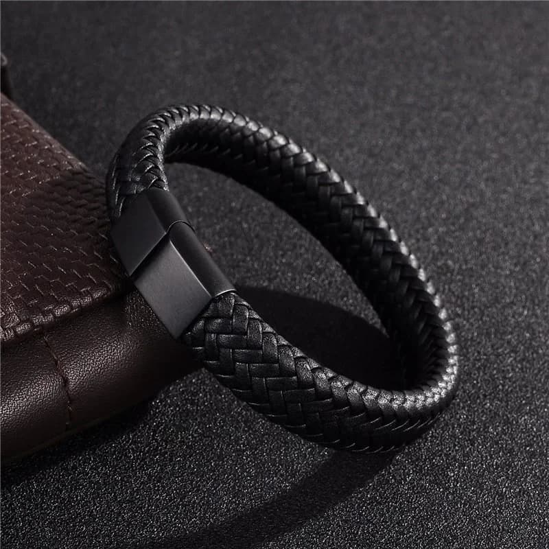 Men's Black Leather Magnetic Wristband