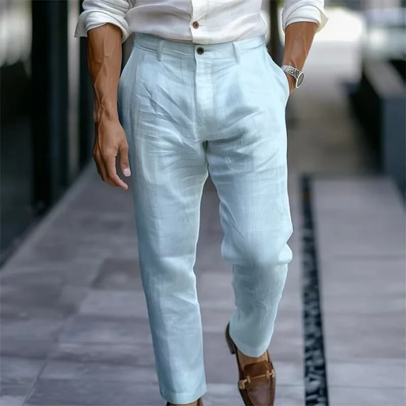 Men's Khaki Linen Blend High Waist Tapered Ankle Pants